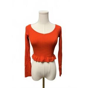 NWT Trendy Ribbed Orangey Red Crop Top with Ruffle Hem